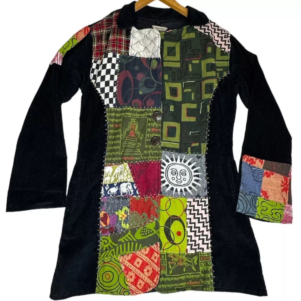Rare Boho Yak n Yeti Hippie Embroidered Patchwork Jacket Button Up Medium Coat
